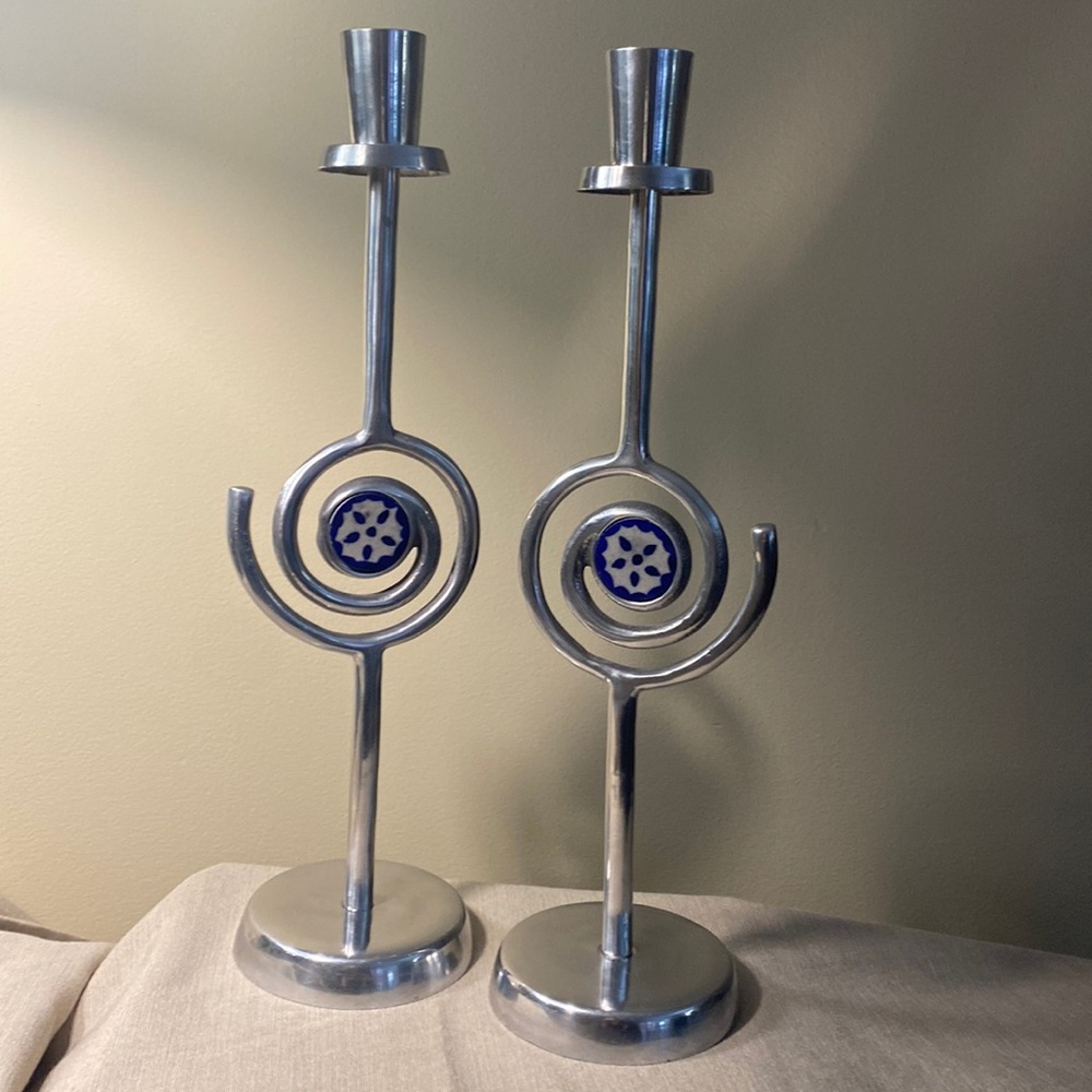 Aluminum/Blue-Cream ceramic candle holders